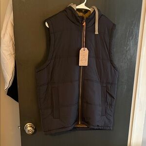 Men's Hooded Puffer Vest with Gray Hood - Navy